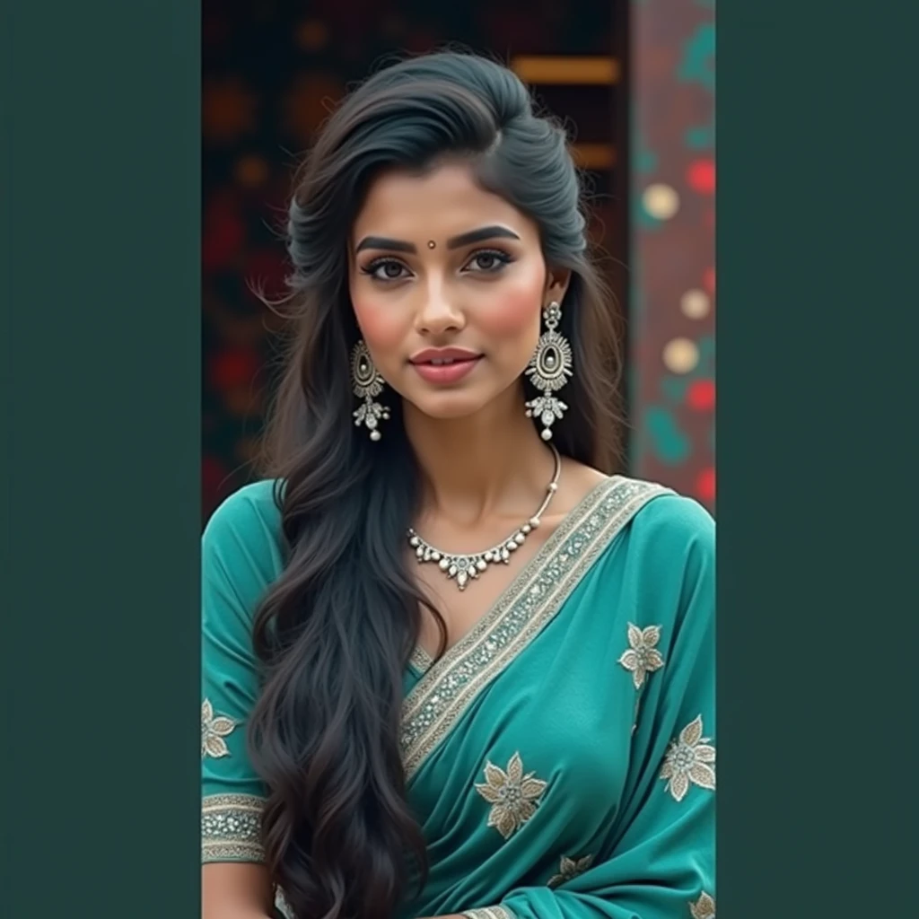 a beautiful indian model wearing an elegant saree, intricate embroidery, flowing fabric, graceful pose, serene expression, soft lighting, colorful background, ornate jewelry, delicate makeup, cinematic composition, photorealistic, highly detailed, 8k, best quality, masterpiece, vibrant colors