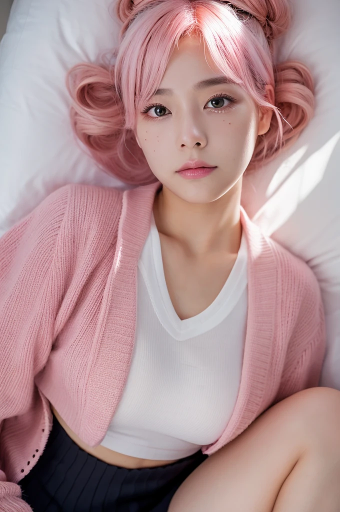 8k, RAW photo, best quality, masterpiece:1.2), (realistic, photo-realistic:1.4), (extremely detailed 8k wallpaper), japanese 20 age woman,Ultra-detailed cute face, Detailed eyes, Double eyelid,blazer,school black short skirt,school black socks,school loafers, full body,(topknot, Huge breasts :1.2,(pink hair ),Tears mole),View from above,lying on the bed,cute hair