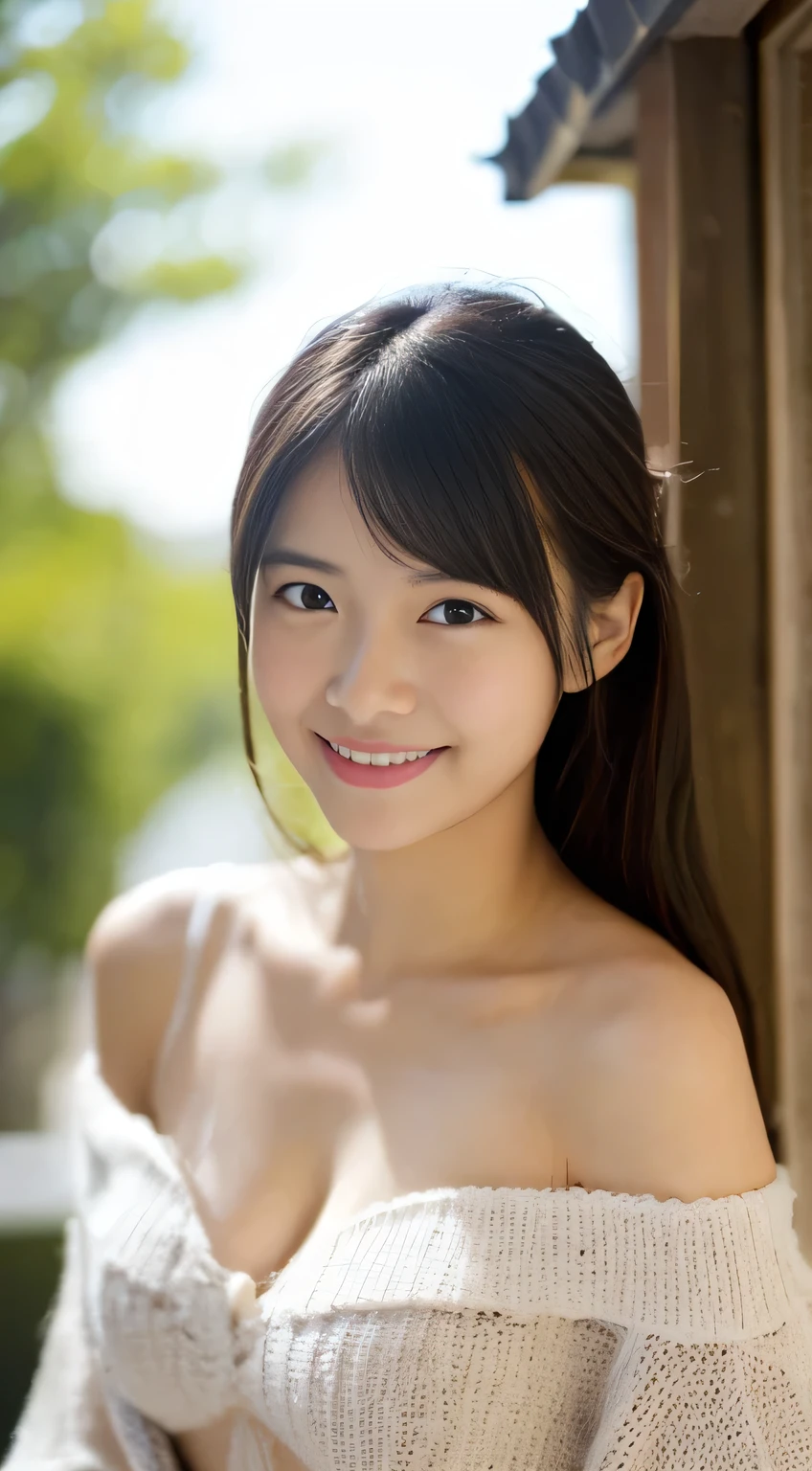 masterpiece,best quality,(Japanese girl),((Beautiful girl)),cleavage,(off shoulder:1.2),(perfect body beauty:1.2),(shy smile),From above