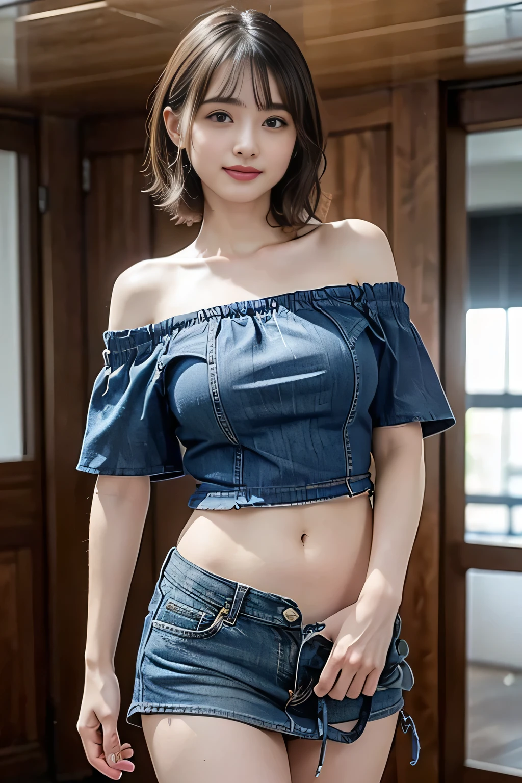 photo finish, slender, cute, Japan beauty, dark black eyes, little smile, fine skin, denim off-shoulder, very small underwear, sunset, realphoto --auto