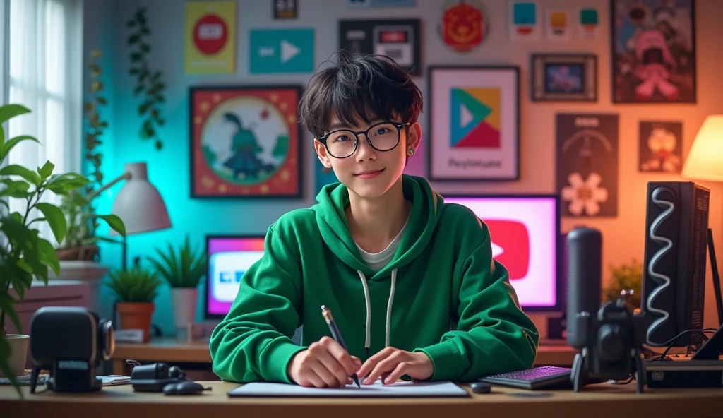 Ek asa ladka banao jo dikhne me 20 se 24 saal ka ho , aur wo green colour ke pakde pehen ke ho aur wo apne studio me betha ho , aur uske same uska studio table ho , aur uska eye contact viewer ke sath ho , aur uske background me anime ke poster, YouTube ke saman like Play button, lighting wagera rehna chahiye  , anime style me banana