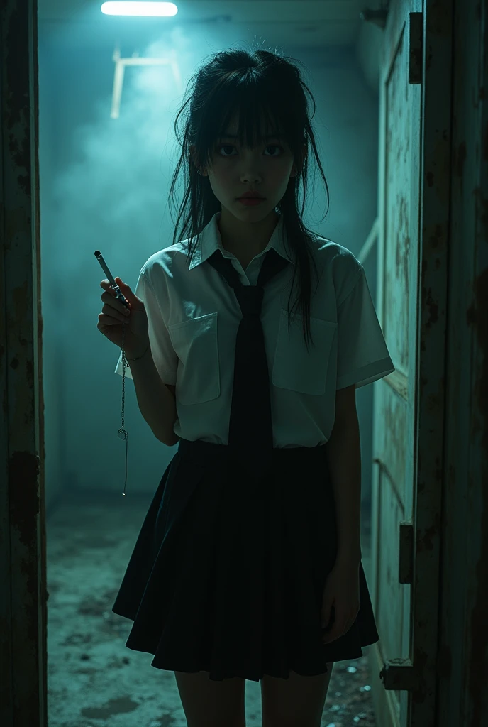 masterpiece, highest quality, (solo focus), (perfect face:1.1), (high detail:1.1), (hyper detailed eyes),Bright torture chamber、High School Uniform、1 Mistress 、Sadistic high school girl is holding a torture device、The Mistress is holding a cigarette、A crazy smile、Look at viewers