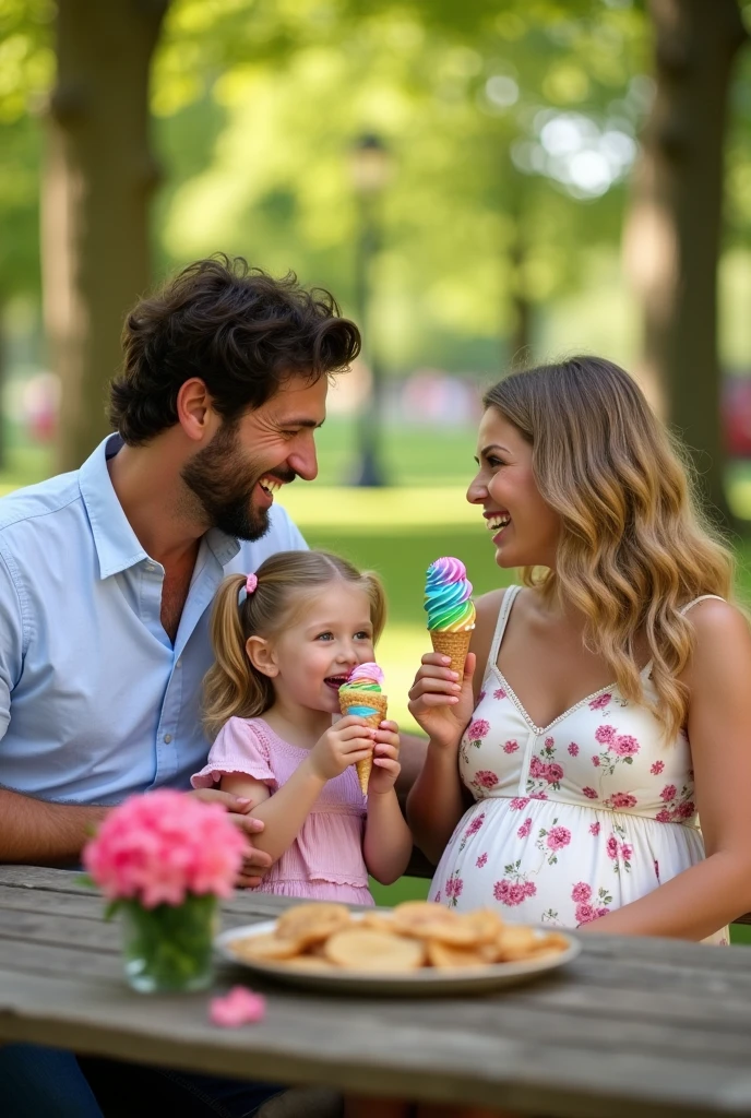 A man with his pregnant wife and young daughter having ice cream.