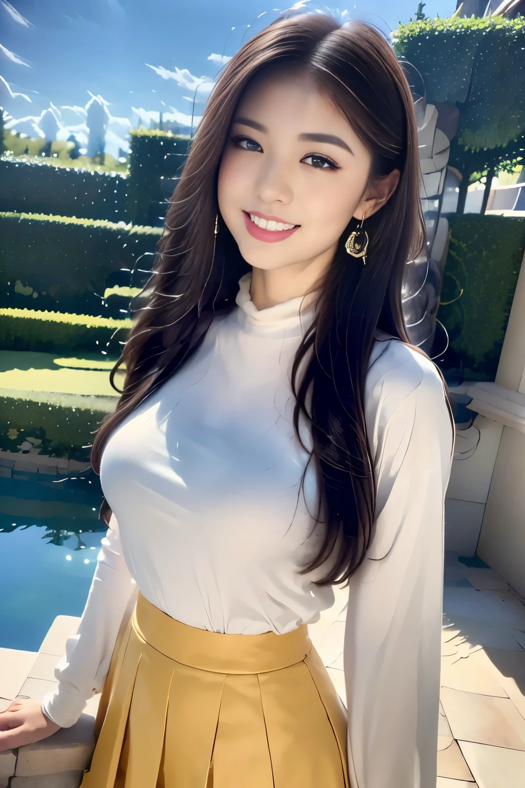 ((Highest quality, 8k, masterpiece :1.3)),actress,outside,Tokyo Disneyland,Cinderella Castle,Fountain and pond,(Full Body Shot),Very charming smile:1.1,Saggy breasts,Beautiful pose,Looking into the camera,Red lipstick:1.2,Dark lipstick:1.2, double eyelid,White T-shirt,Yellow Jacket,(Orange tight skirt),(masterpiece: 1.3), (Maximum resolution: 1.4), (Ultra-high resolution: 1.2), Cinematic Light, Ultra-high resolution, Detailed eyes and skin, 8k resolution, Perfect Style, Beautiful expression,Highly detailed face,Glossy Lips:1.2,Straight Hairstyles,look forward to,Very tall,blue sky