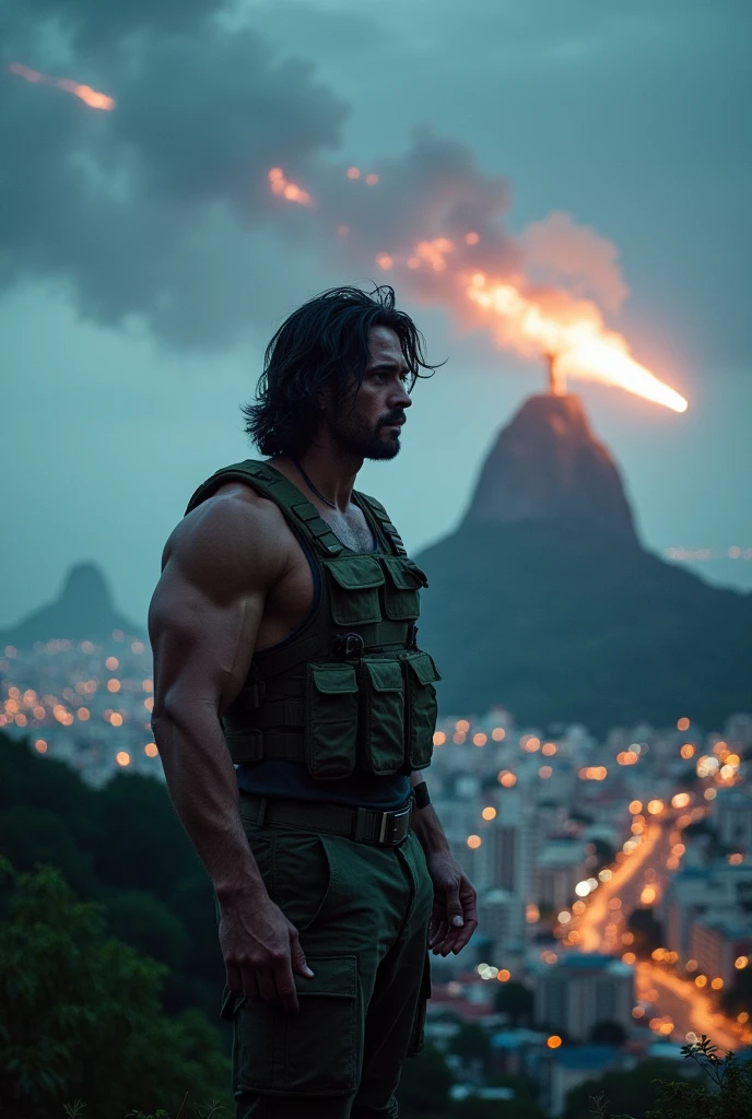 a strong man in the middle of Rio de Janeiro with wavy black hair , militar , freezing cold, witnessing a giant meteor crashing into Christ the Redeemer and creating a possible zombie apocalypse virus
