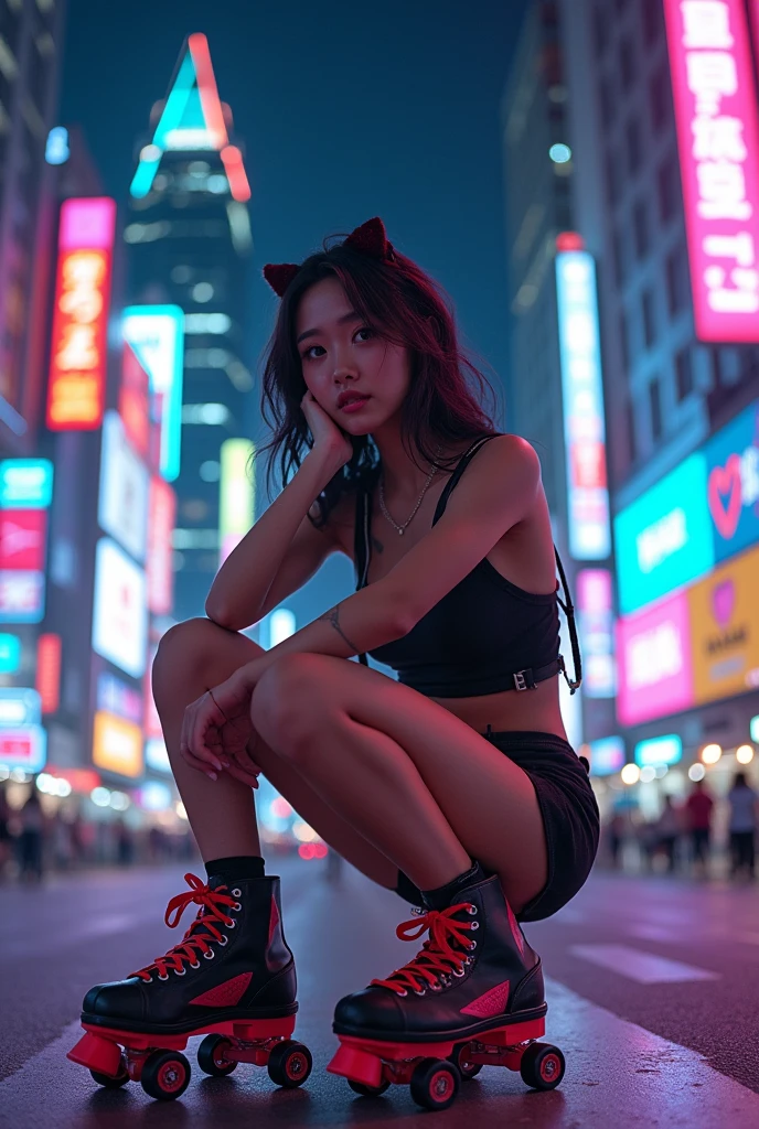 ultra-realistic, photorealistic, (20 years old Japanese famous idol girl:1.5), very beautiful Japanese, wearing a roller skate, sitting at downtown at night, cyber punk, amazing view of cyber punk metropolitan, masterpiece, (face focus:1.6), beautiful eyes, wearing a cute punk rock outfits, very large breasts, beautiful face