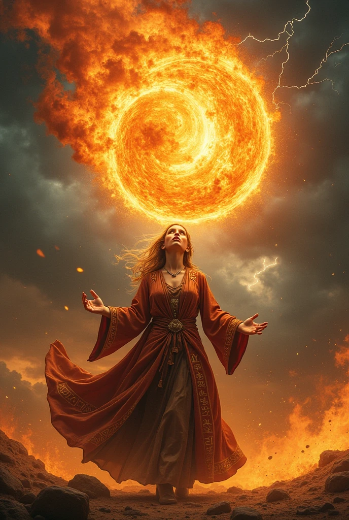 Mage woman  huge fire ball 