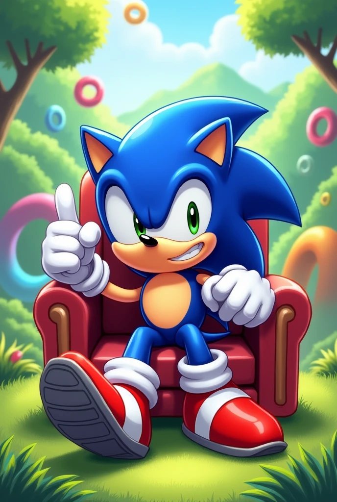 Sonic the hedgehog , solo, looking at viewer, smile, 1boy, full body, sitting on chair, looking at viewer