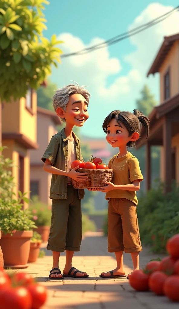 Uncle Tu is an old man, skinny with gray hair and tanned skin. He usually wears simple clothes like old shirts, long pants and sandals. Mr. Tu brought a basket of tomatoes to everyone in the neighborhood. Mr. Tu gave it to Mrs. Sau, 50 years old. 3D animation