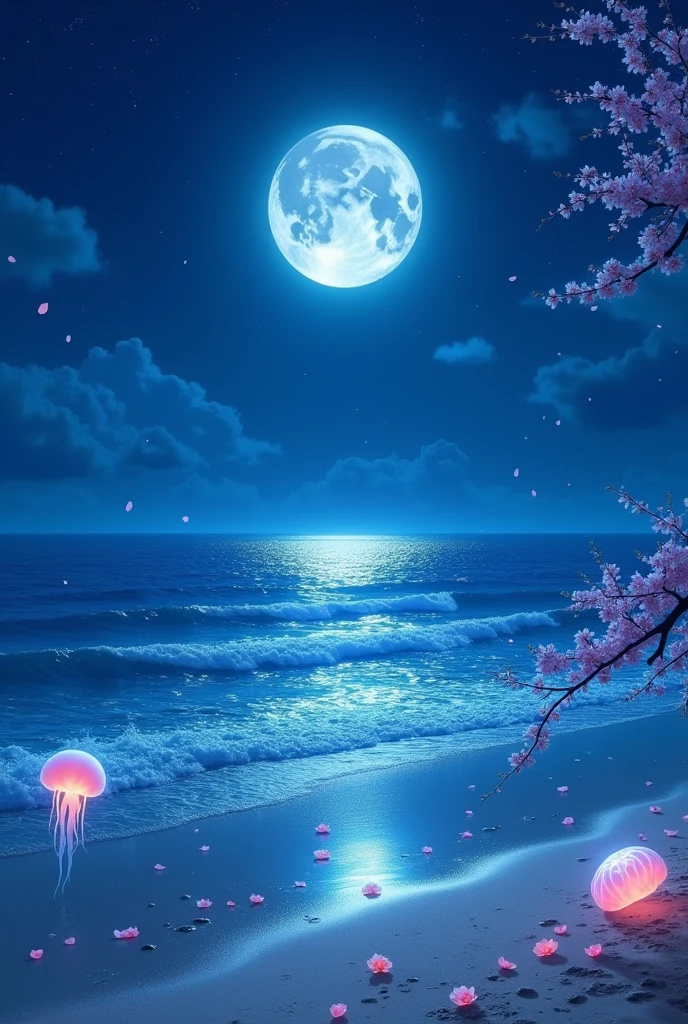 Night, blue moon, sea, beach, details are beautiful, beautiful, fantastic, Japanese sea 
