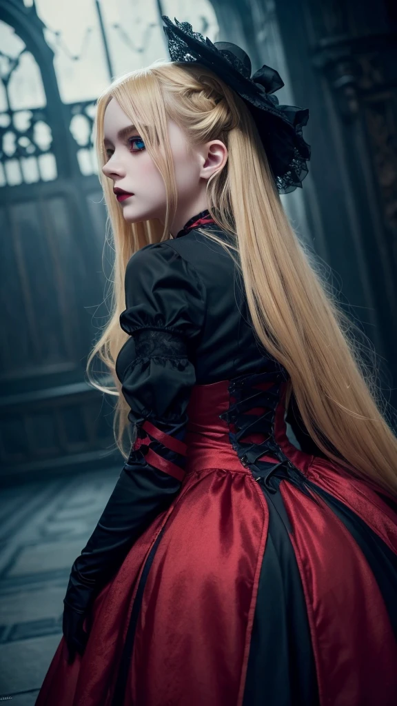a beautiful gothic vampire girl with long golden blonde hair, striking blue eyes, wearing an elegant black and red gothic lolita dress, delicate facial features, sensual and alluring expression, dark mysterious atmosphere, dark fantasy, dramatic dramatic lighting, cinematic composition, highly detailed, hyper realistic, 8k, masterpiece,