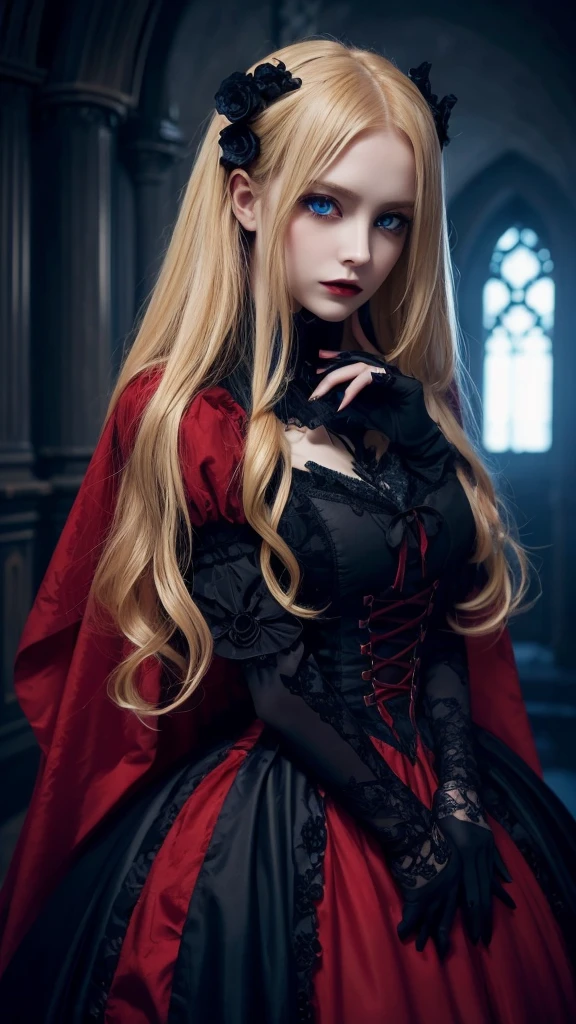 a beautiful gothic vampire girl with long golden blonde hair, striking blue eyes, wearing an elegant black and red gothic lolita dress, delicate facial features, sensual and alluring expression, dark mysterious atmosphere, dark fantasy, dramatic dramatic lighting, cinematic composition, highly detailed, hyper realistic, 8k, masterpiece,