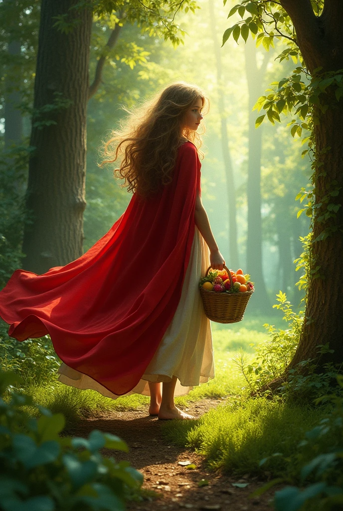 quality,ultra-detailed,photorealistic,beautiful girl in a garden,traditional oil painting,red cape flowing in the wind,deep green grass and tall trees,sunlight filtering through the leaves,enchanted forest,detailed eyes and face,innocent expression,long wavy hair,basket filled with fruits and flowers,gentle smile,warm color palette,soft lighting,mysterious atmosphere,storybook illustration,lush foliage,ethereal beauty,soft textures,dramatic shadows,fairy tale,adventure and danger,classic literature,magical encounter, exploring the unknown,curiosity,prominent eyes,portraits,mythical creature,suspenseful moment,exciting journey,innocence and bravery,contrast between light and dark,hidden dangers,whispering wind and rustling leaves,adding a touch of surrealism, path leading deeper into the forest,quiet and tranquil setting,enchanted garden,contrast between the girl's red cloak and the green surroundings,contrast between the girl's soft features and the wolf's fierce expression,captivating and compelling imagery.