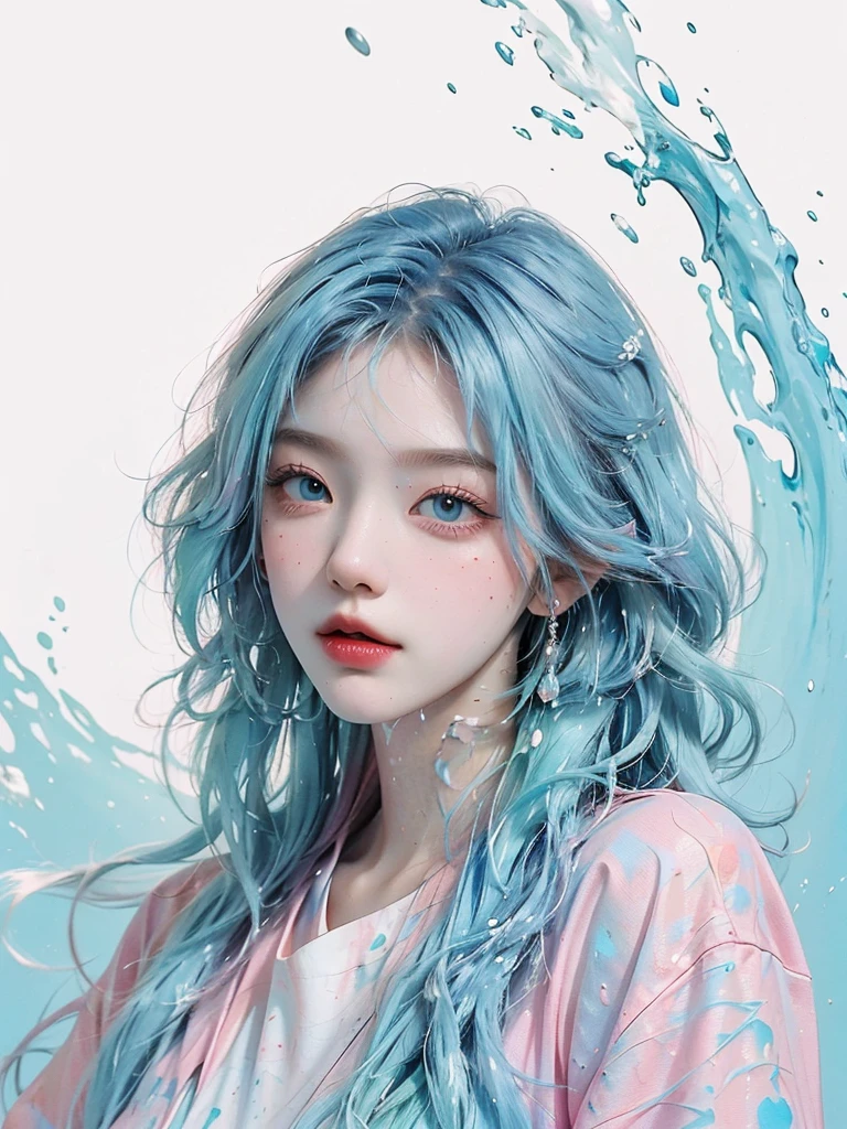(Masterpiece, Best Quality, High Resolution), White Background, Acrylic Paint, ((Color Splash, Splash of Ink, Color Splash)), Sweet Chinese Girl, Long Light Blue Hair, [Light Blue|Pink] Hair, Curly Hair, Glitter, Peach Lips, White Shirt, Front, Upper Body