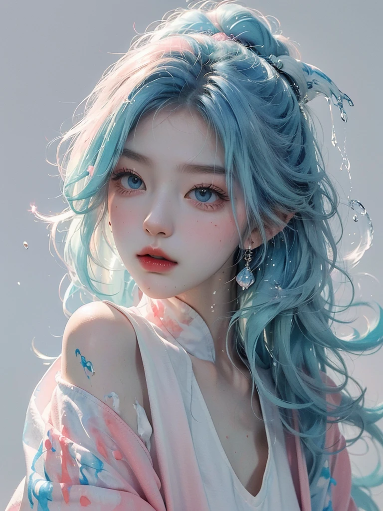(Masterpiece, Best Quality, High Resolution), White Background, Acrylic Paint, ((Color Splash, Splash of Ink, Color Splash)), Sweet Chinese Girl, Long Light Blue Hair, [Light Blue|Pink] Hair, Curly Hair, Glitter, Peach Lips, White Shirt, Front, Upper Body
