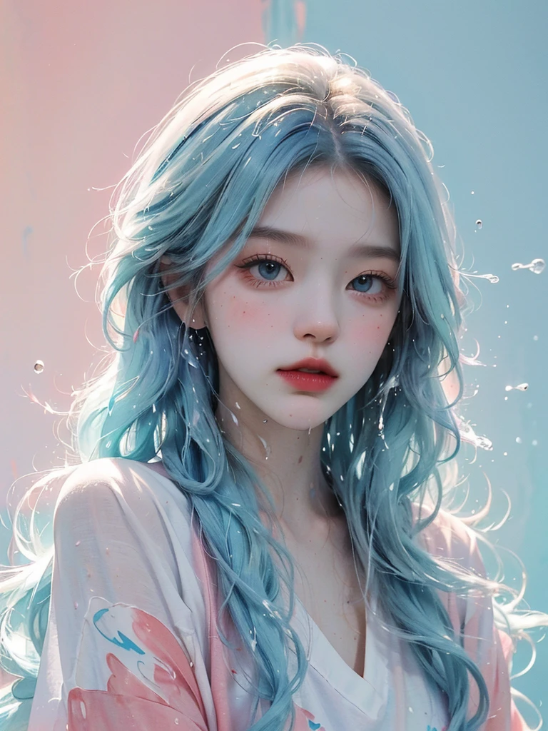 (Masterpiece, Best Quality, High Resolution), White Background, Acrylic Paint, ((Color Splash, Splash of Ink, Color Splash)), Sweet Chinese Girl, Long Light Blue Hair, [Light Blue|Pink] Hair, Curly Hair, Glitter, Peach Lips, White Shirt, Front, Upper Body