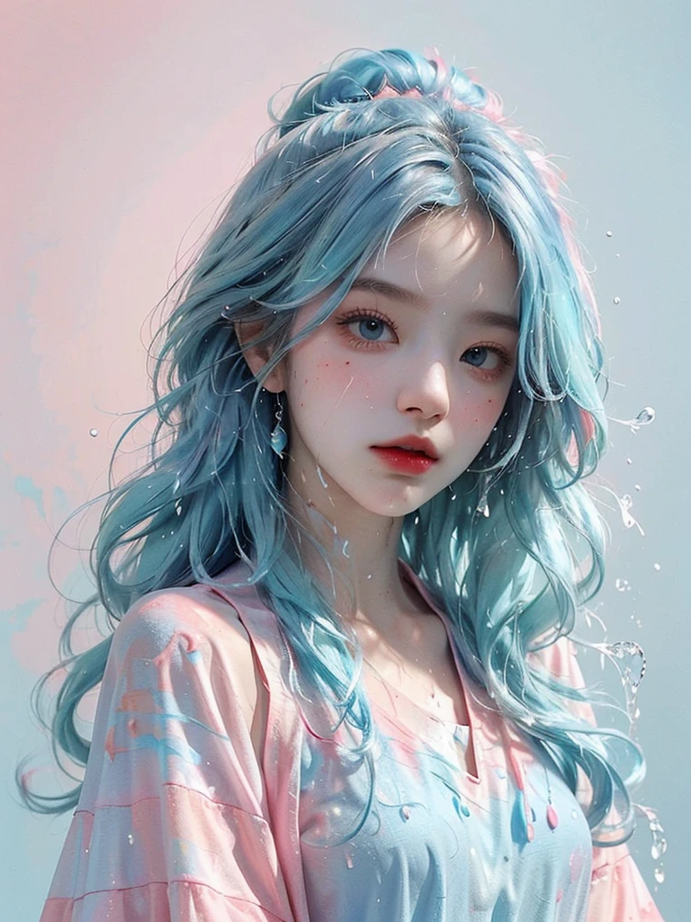 (Masterpiece, Best Quality, High Resolution), White Background, Acrylic Paint, ((Color Splash, Splash of Ink, Color Splash)), Sweet Chinese Girl, Long Light Blue Hair, [Light Blue|Pink] Hair, Curly Hair, Glitter, Peach Lips, White Shirt, Front, Upper Body