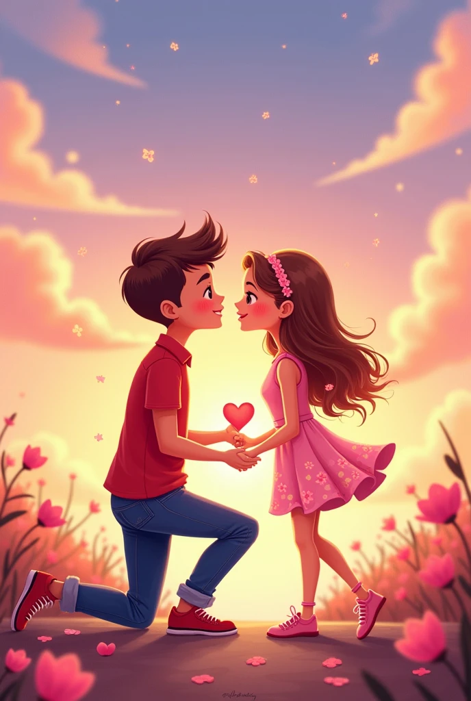 A 17 year old boy and 17 year old girl lover
Boy name is "K" and girl name is "A" and boy and girl tesirt colour is red and bay and girl site a sky a place boy propose girl cartoon tipe photo