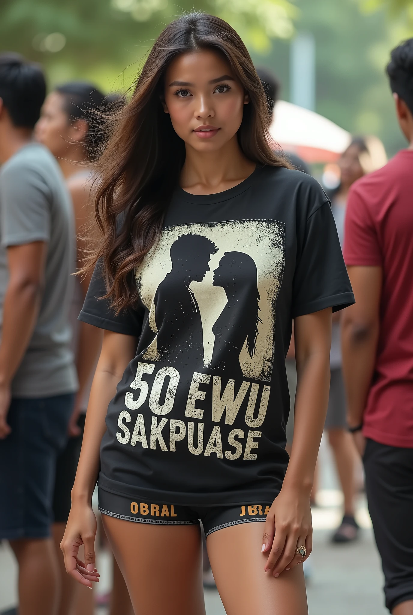 A beautiful Indonesian girl, wearing a t-shirt with a strong vector design featuring a silhouette image of a naked couple having sex in black colour. The sentence "50 EWU SAKPUASE" is displayed with bold and distressed typography pastel tone, The round pin stuck in the middle of the zumba cup hats reads "(90% OFF)", in a public place, surrounded by many men, large and sexy breasts, the pantiens reads "(OBRAL)" underwear, with a shooting angle from the front, very realistic, (complex detail: 0. 9), (hdr, hyperdetail: 1.2), RAW, Sony Alpha a9 II, 24-105mm f/4, HDR,