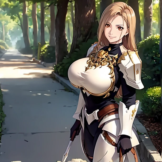 a woman wearing very heavy white armor with gold trim, wearing a dark brown hunting suit, squeezing, long beige hair, orange eyes, smiling, big breasts, in a fantasy forest, walking on a concrete walkway, holding a shield,HDR, masterpiece, well defined, ultra resolution, high quality, 8k HD. (just a woman, solo)
