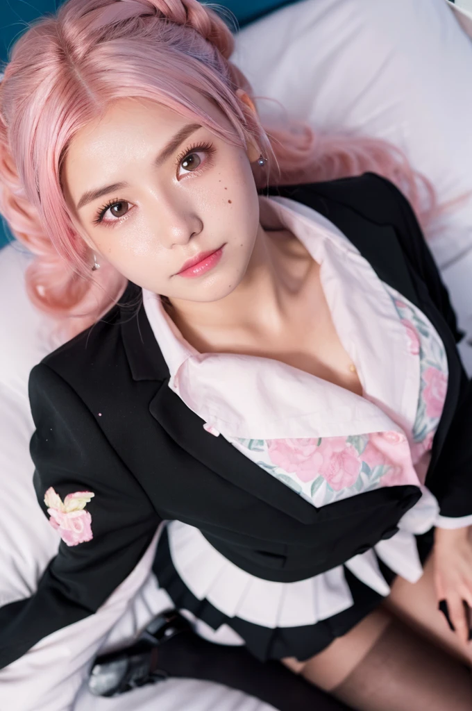 8k, RAW photo, best quality, masterpiece:1.2), (realistic, photo-realistic:1.4), (extremely detailed 8k wallpaper), japanese 20 age woman,Ultra-detailed cute face, Detailed eyes, Double eyelid,blazer,school black short skirt,school black socks,school loafers, full body,(topknot, Huge breasts :1.2,(pink hair ),Tears mole),View from above,lying on the bed,cute hair