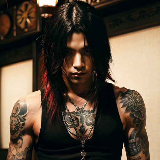 1 man, Japanese man, male, Asian eyes, muscular, broad shoulders, yakuza tattoos, hairstyle Visual Kei style, hair Visual Kei, black men's shirt and black pants, ultra detailed face, hyperrealistic, realistic representation, long hair, long hair, 30 years old, age 30 years, blonde hair, full body view 