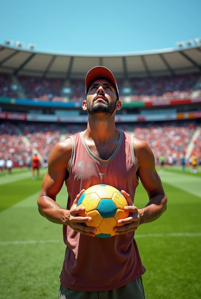 Create the image of a frustrated technician, in the center of the field with the ball in his hand, showing that you can&#39;t win the game alone 