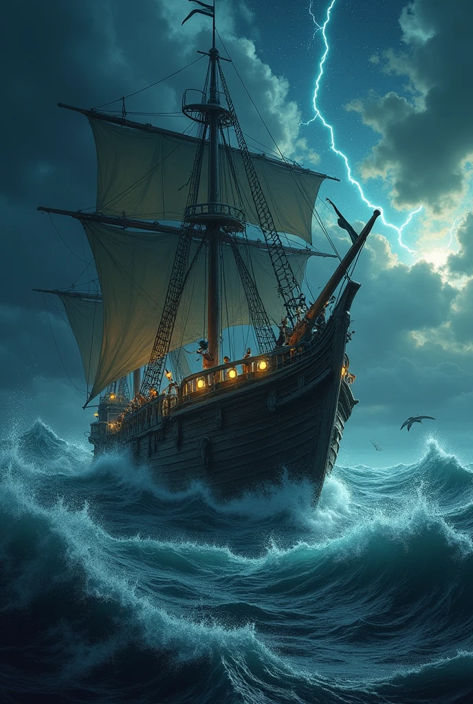 A grand wooden galleon battles the fury of a raging storm in the middle of the night, its massive sails torn and whipping violently in the howling wind. The dark, turbulent sea churns with enormous waves crashing against the ship's hull, while lightning flashes illuminate the chaotic scene. Above, the sky is a stark contrast, filled with stars that peek through gaps in the storm clouds. Emerging from the depths, a colossal sea monster with glowing eyes and writhing tentacles wraps itself around the galleon, attacking with ferocious strength. The crew, clad in drenched, weathered fantasy armor, fight desperately against the beast, their faces lit by the eerie glow of the monster’s bioluminescent skin. The image captures a dramatic, high-stakes moment, blending realism with dark, fantastical elements.