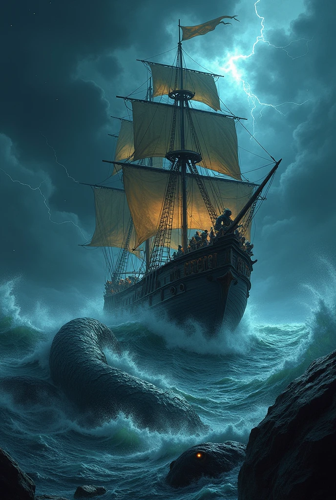 A grand wooden galleon battles the fury of a raging storm in the middle of the night, its massive sails torn and whipping violently in the howling wind. The dark, turbulent sea churns with enormous waves crashing against the ship's hull, while lightning flashes illuminate the chaotic scene. Above, the sky is a stark contrast, filled with stars that peek through gaps in the storm clouds. Emerging from the depths, a colossal sea monster with glowing eyes and writhing tentacles wraps itself around the galleon, attacking with ferocious strength. The crew, clad in drenched, weathered fantasy armor, fight desperately against the beast, their faces lit by the eerie glow of the monster’s bioluminescent skin. The image captures a dramatic, high-stakes moment, blending realism with dark, fantastical elements.