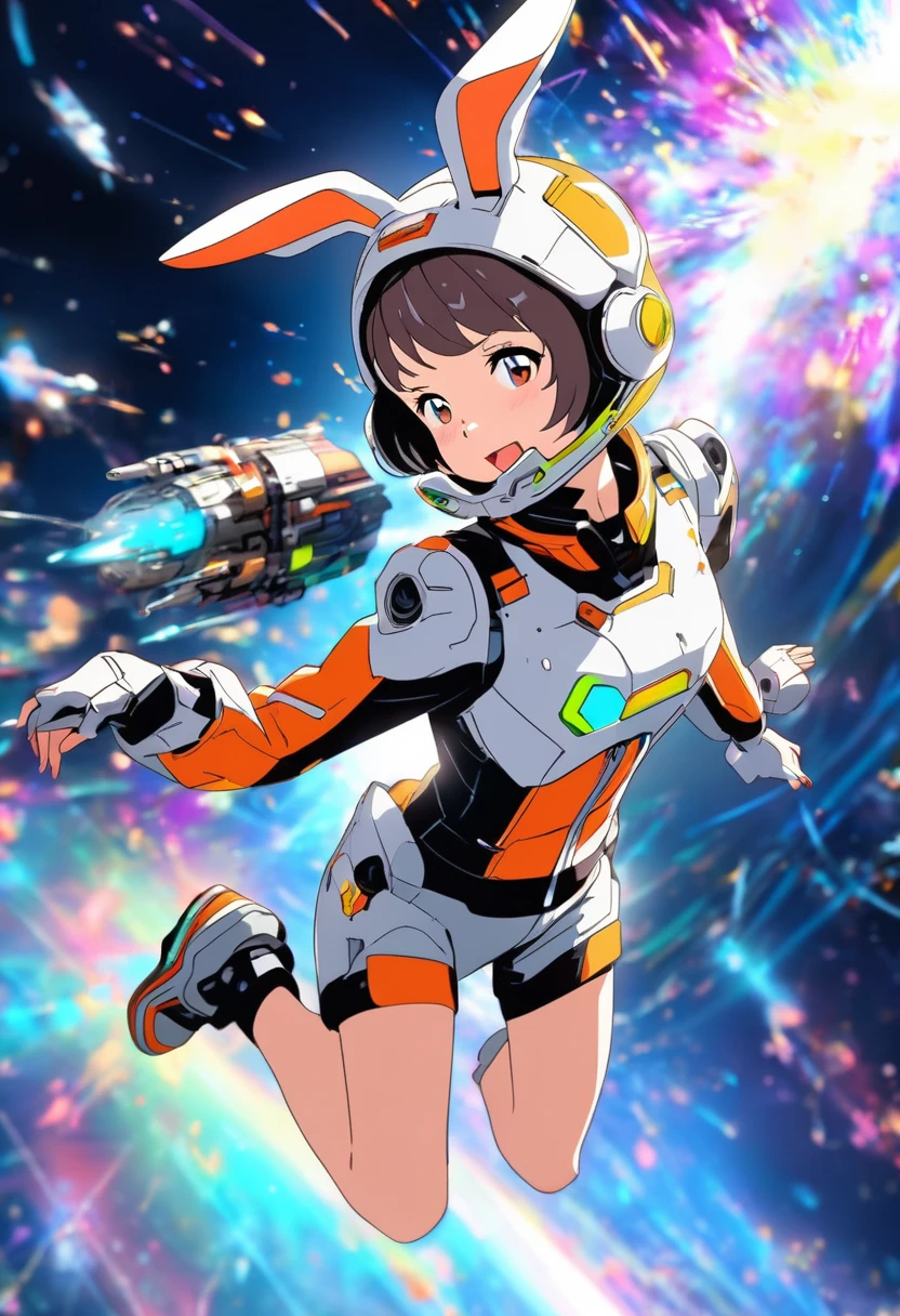 1girl, wink, short hair, dressed with futuristic short suit, robotic rabbit ears , jumping pose ,space in background, detail richness, masterpiece, best quality, explosion of flashy colors