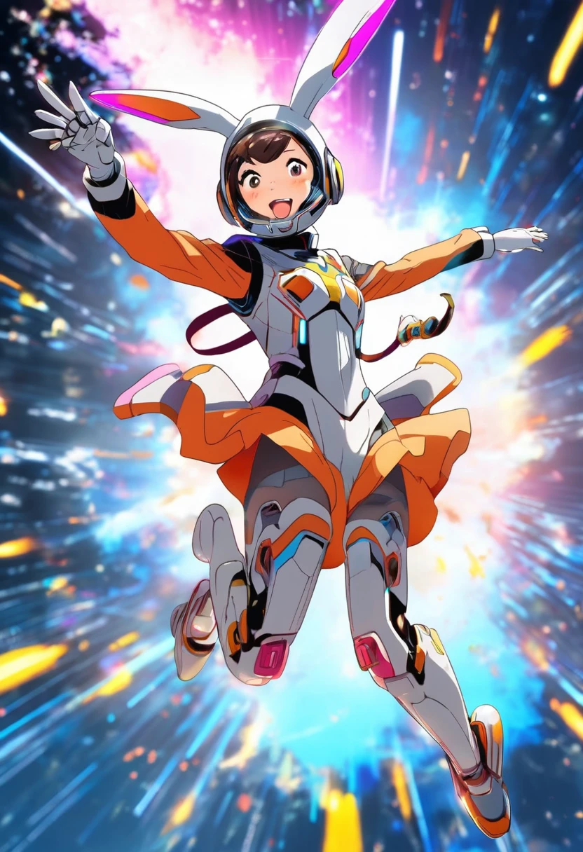 1girl, wink, short hair, dressed with futuristic short suit, robotic rabbit ears , jumping pose ,space in background, detail richness, masterpiece, best quality, explosion of flashy colors