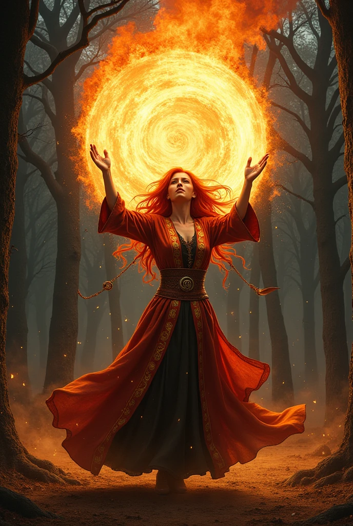 Mage woman  huge fire ball  burning 