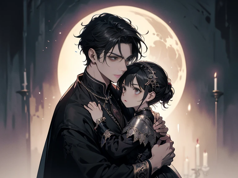 Mother and , hugging, looking at each other, gazing at each other, (mother and child), (boy), (masterpiece, best quality: 1.2), ((solo)), wearing ancient court clothing, hairpins, hair accessories, delicate facial features, dark tones, black hair, five fingers on each hand, detailed hands, elegant and exquisite, moonlight, moon, dungeon, ancient prison, extreme quality, extremely detailed, ultra detailed face, concept art portrait created by Greg, ultra details, exquisite gothic art, dark gothic fantasy style, three colors, fantasy, exquisite details, splash screen, complementary colors, fantasy concept art, 8k resolution, masterpiece, professional photography, symmetrical balance, super perspective