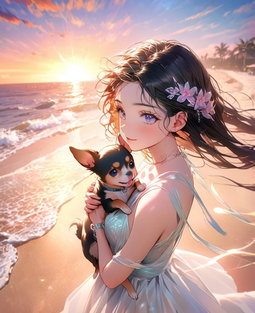 8k,Ephemeral beauty,Very delicate and beautiful,Beautiful and realistic skin,,Black Hair、Long and colorful hair,Beautiful Eyes,good,Beautiful sunset、dog(chihuahua)hug、dog cream color、Walking on the beach with my dog