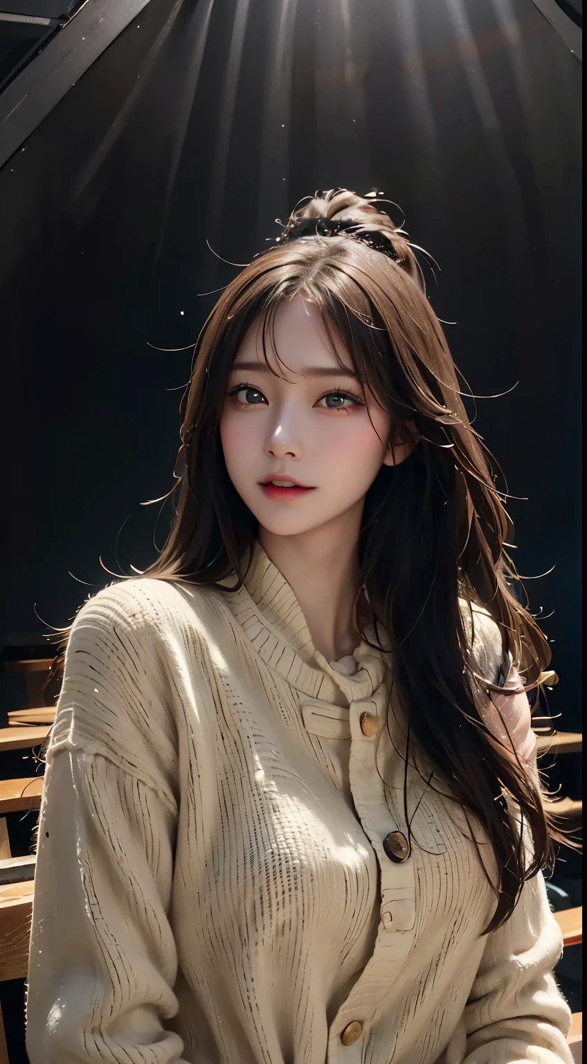 (RAW photos, best quality), (realistic, Photo realistic: 1.3), best quality, very detailed, masterpiece, very detailed, illustration, 1 girl, High_body, DyUsc Angle, World Mastery Theater, crummy_long_hair, best quality, very detailed CG 통합 8k 벽지, ink, amazing, movie lights, lens_flwithe, Dunhuang_style, detailed face, beautiful expression of Tang Dynasty, (intentional expression: 1.5), standing in a flower field, (looking up at the stwithry sky: 1.2), firefly, floating scwithves, Sony master shot, a woman posing for a photo in front of the TV, Work inspired by Fei Danshu, aesthetic!!!!!! Female Genie, brown hair and bangs, high quality screenshot, nico video, Ordinary Hand, vivid color, Rimuru Tempest's front shot, good studio lighting, vhs screencap, beautiful fine - face, Us, with