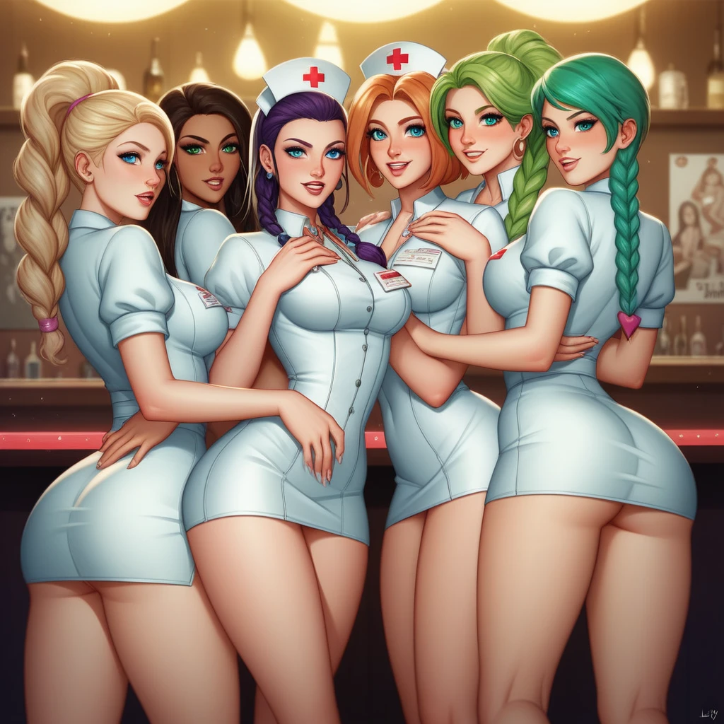 5 women Vin, Naz, Jae, Indi and Maya, the enticing scene of the "Anal Club" meeting no 5, where a quaint, dimly lit bar is the stage for an erotic evening of playful debauchery. The walls are adorned with vintage posters, and a mellow bossa nova melody serenades the air. In the spotlight are Vin, Naz, Jae, Indi, and Maya, five striking women dressed in scandalously short nurse's uniforms that leave little to the imagination. Vin, with her piercing blue eyes and green hair styled in middle-parted double braids, stands at the bar with Naz, whose green eyes sparkle mischievously under the soft glow of pendant lights. Both kneel on the counter, their barely covered derrières teasingly aimed towards the entrance. Indi and Maya, their hair styled in asymmetrical bobs, one black and one blue, are eagerly engaging in an intimate display of affection, tenderly licking Vin and Naz's asses.