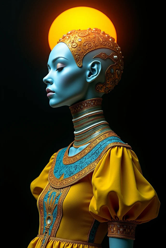 A close-up shot of the psychedelic alien priestess figure with pale blue face and closed eyes, set against a dark background. Soft, pulsing light radiates from the glowing orange sun-like orb on her head, casting an ethereal glow on her features. Striped cylindrical structures adorn her shoulders and neck, resembling ancient Egyptian collars. Her body is wrapped in intricate patterns blending geometric shapes, swirls, and tribal-inspired designs, with puffed sleeves and a flared skirt in brilliant yellow. The futuristic-tribal-pop art fusion style creates a striking visual contrast.