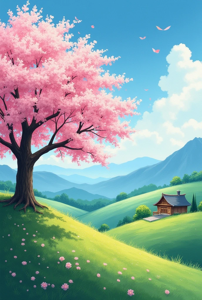 Create an image of a drawing of a Sakura tree on top of a hill in the left corner of the paper close to the viewer and in the background other more distant hills with a small house, creating the distance of this tree from the house, make the tree closer to us in relation to the house.