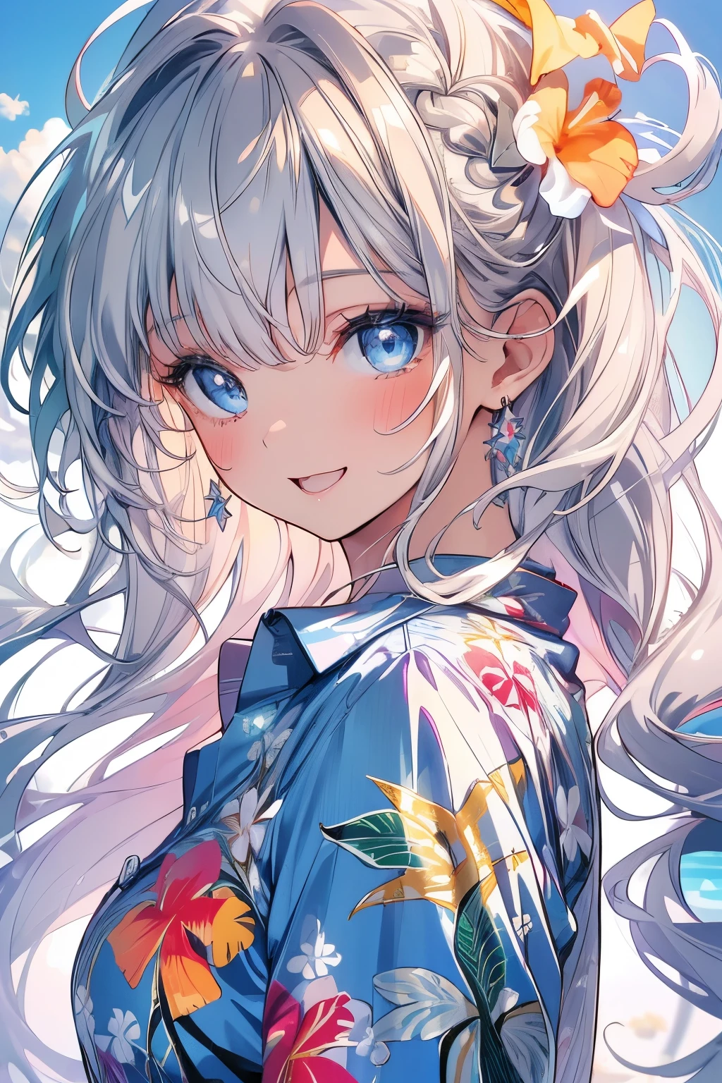 (Best quality,4K,8K,High resolution,Masterpiece:1.2),Super detailed,(Actual, Realistic),highly detailed, top quality, soft skin,Portrait,
break,
((clear blue eyes:1.2)),smiling eyes,beautiful eyelashes,beautiful lower eyelashes,
break,
((Beautiful and shiny silver hair:1.3)),A dazzling smile, a bursting smile, an open mouth laugh,
break,
very happily,
break,
((Beautiful aloha shirt:1.3))