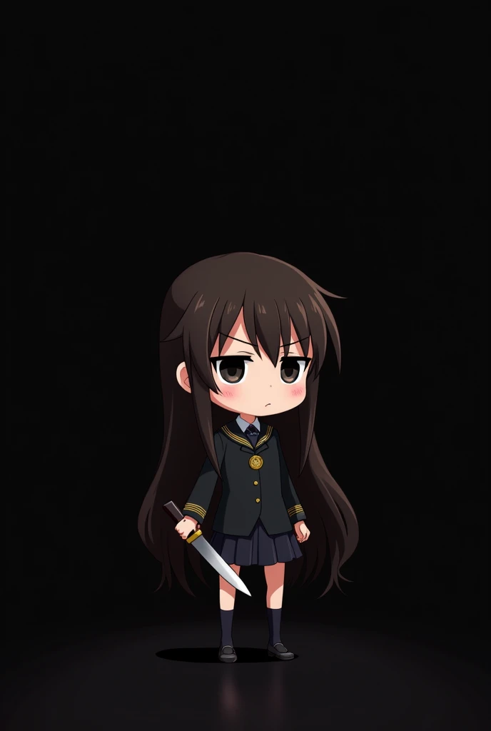 Black background , asian anime girl , brown hair , long and straight hair , black eye , bambi eye shape , wears black japanese school uniform , blush , serious expression , anger , chibi , narrow eye , holding knife