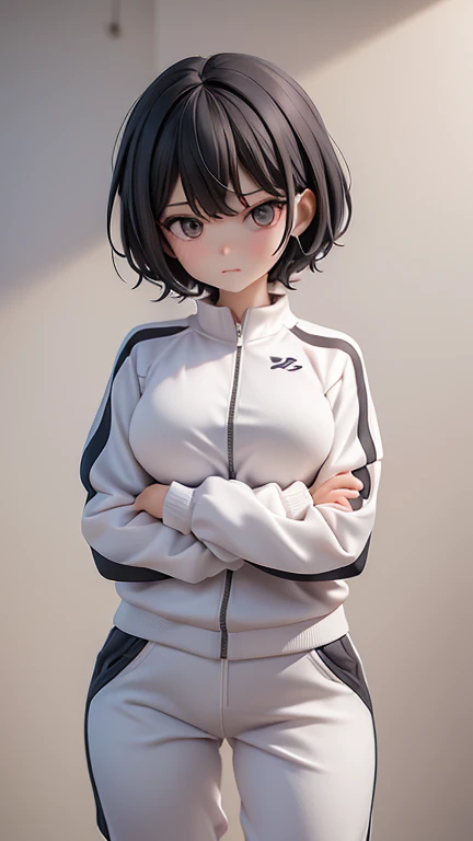30-year-old woman、Adult women、Cool woman、slender、Sharp eyes、Angry、Screaming、sharp、female teacher、physical education teacher、Black Hair,、boyish、Shortcuts、Short cut、The forehead is visible、Forehead、Jersey、Tracksuits、Clothing patterns、Clothing Design、The front is open、whole body、