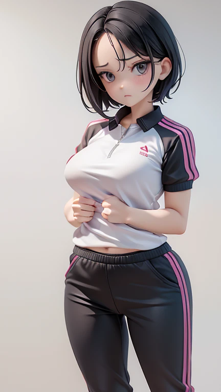 30-year-old woman、Adult women、Cool woman、slender、Sharp eyes、Angry、Screaming、sharp、female teacher、physical education teacher、Black Hair,、boyish、Shortcuts、Short cut、The forehead is visible、Forehead、Jersey、Tracksuits、Clothing patterns、Clothing Design、The front is open、whole body、