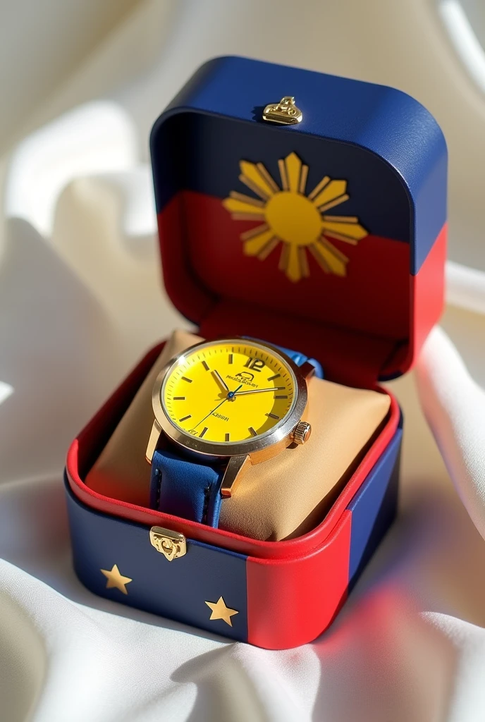 Create a yellow watch, put it in a box. Use the Philippine Flag as inspiration. Show the whole box, dont cut image 