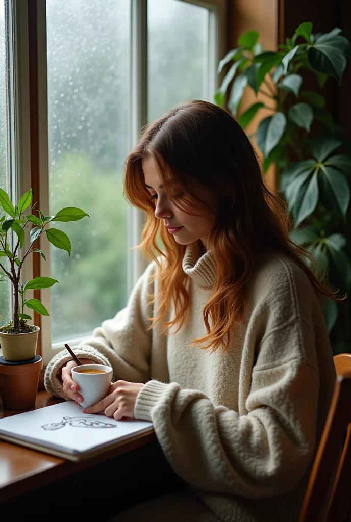 The woman drawing bird in the room window,rain,tea