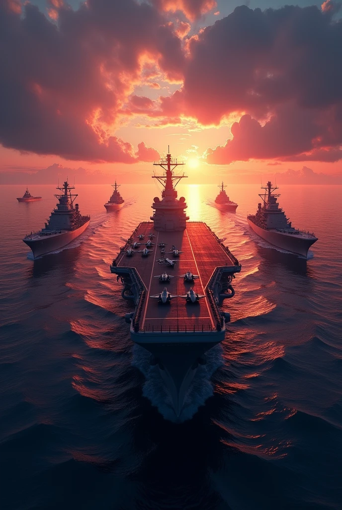 against the backdrop of a majestic sunrise,、A scene of the  Kivotos  Navy's fleet spread out on the sea. 

The dawn sky is slowly々The sky begins to brighten,、the moment the sun rises is the background.。the sea surface is still slightly dark,、amidst the vast expanse of quiet waves,、The fleet is centered on a large aircraft carrier with a long, flat flight deck, making it stand out.。with multiple fighter jets lined up on the carrier's deck、bridge（Island）while the flight deck is firmly depicted on one side。bridgeにはレーダーアンテナやマストがあり、The aircraft carrier's features are clearly depicted。Surrounding the aircraft carrier are、multiple battleships and destroyers、giving the entire fleet a realistic and majestic atmosphere。with sunlight illuminating the entire fleet, including the aircraft carrier、their lights reflecting and shimmering on the sea surface,、symbolizing new hope that comes after the battle.。