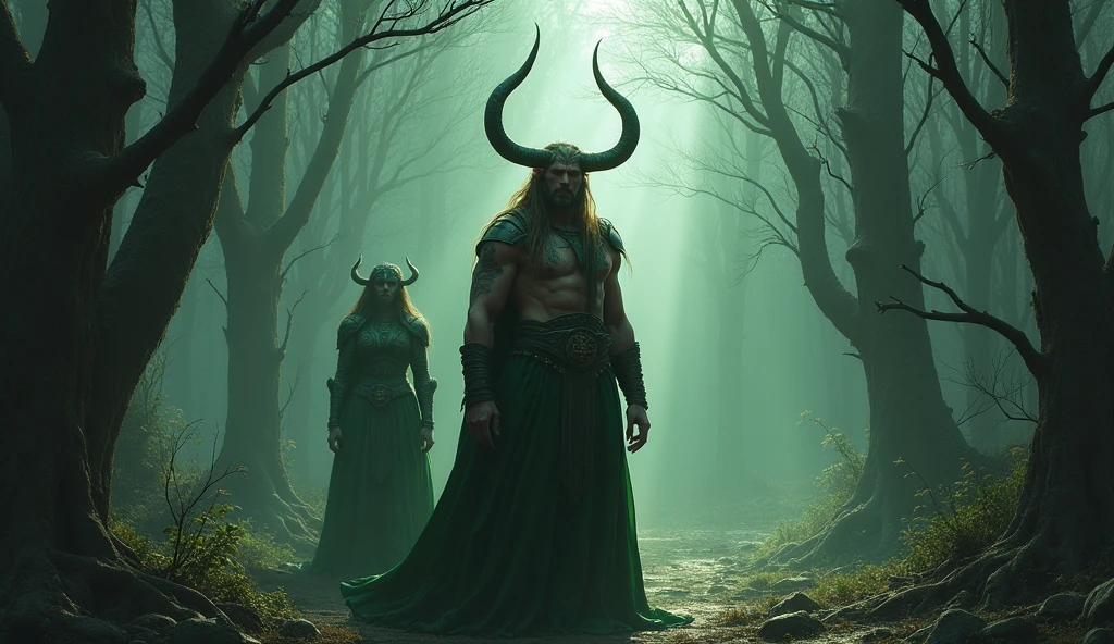 Dark fantasy, a muscular elf druid with long horns and an elf druid in green armor, together in a gloomy forest, ray of light under the elf, everything around dead crumbling