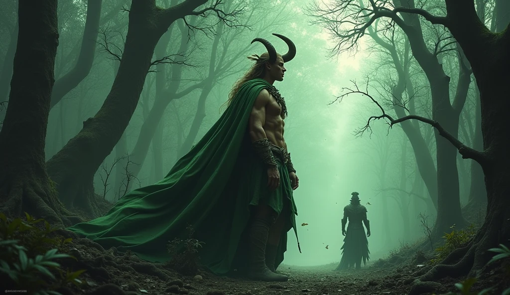 Dark fantasy, a muscular elf druid with long horns and an elf druid in green armor, together in a gloomy forest, ray of light under the elf, everything around dead crumbling