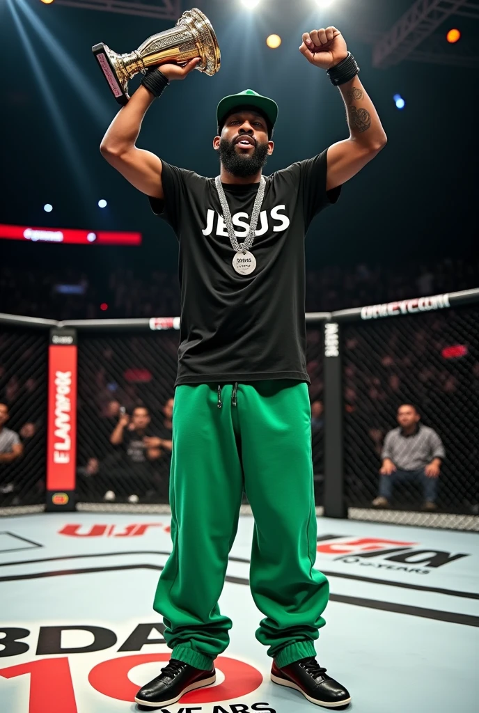 In the UFC ring, a rapper with a black shirt that says jesus, green long pants and black sneakers and black cap .He is dark-skinned, has a mustache and has a silver necklace around his neck ,and on that necklace it says MVP. he is lifting the champion's trophy, and on the ring it is written " BDA 10 years" which is the name of the competition he won. He has no tattoos and the champion's face is the same as the face of Brazilian rap singer Cesar MC who composed songs like " Whoever has a mouth goes to Rome" of music " children's song"