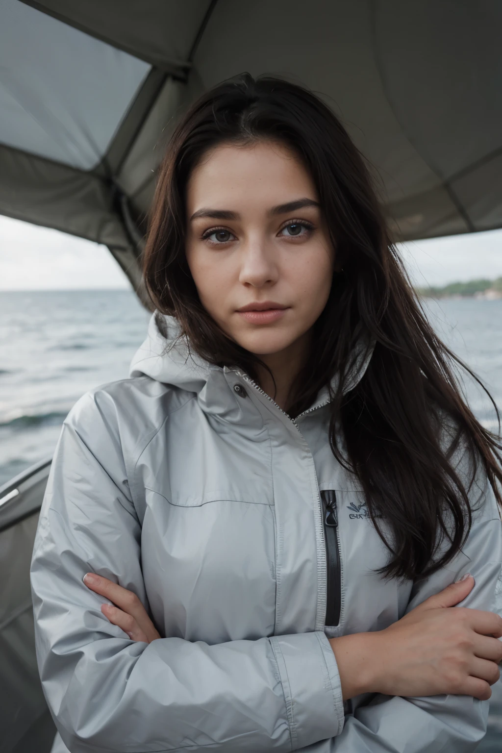 photo of woman, dark hair, in the hood, at sea, small cliffs, Arcteryx jacket, (freckles:0.8) cute face, tent, rain, detailed eyes, grey eyes, ultra textured leather, thin eyebrows 
