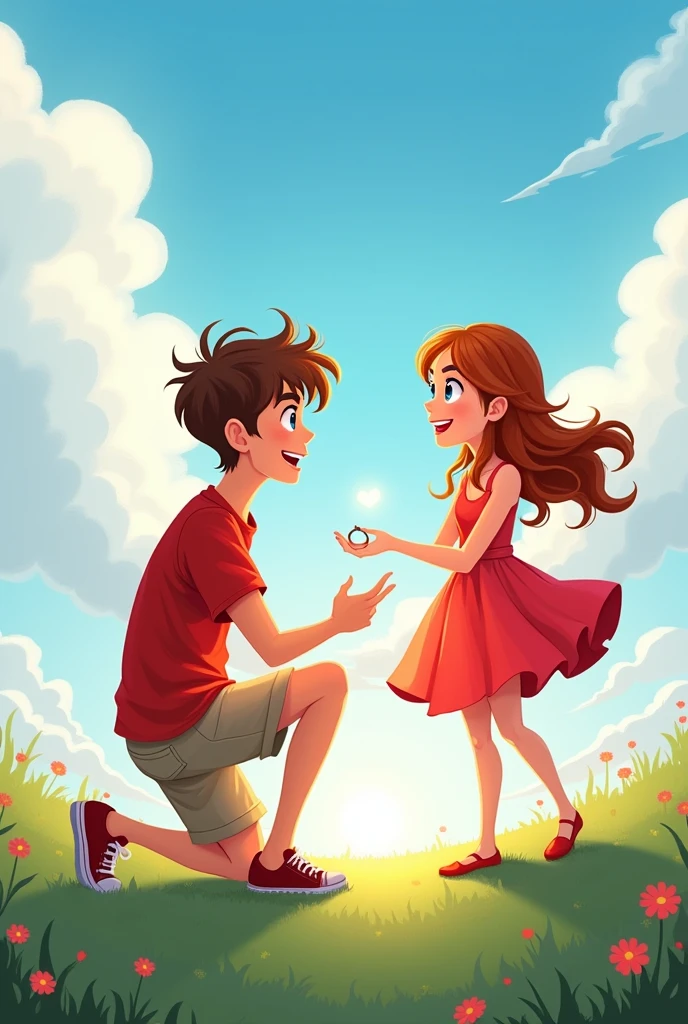 A 17 year old boy and 17 year old girl lover 
Boy tesirt name is "K" and girl tesirt name is "A" and boy and girl tesirt colour is red and bay and girl site a sky a place boy propose girl cartoon tipe photo 